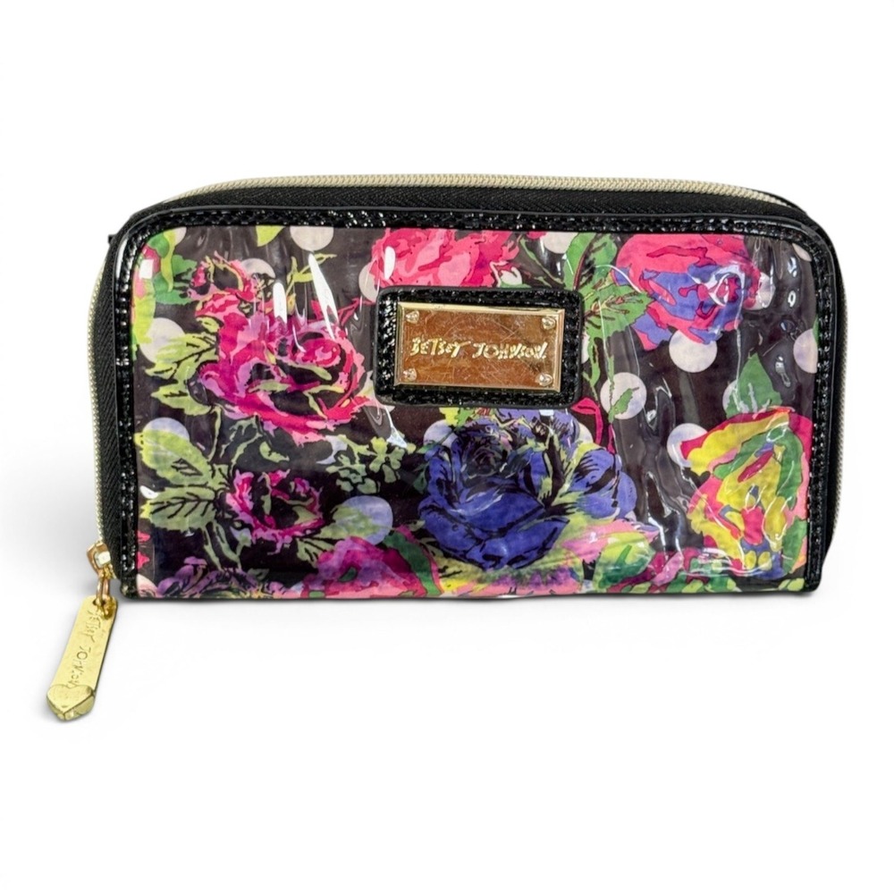 Betsey Johnson Zip Around Accordion Wallet Black Floral Polka Dot Kitschy Vinyl